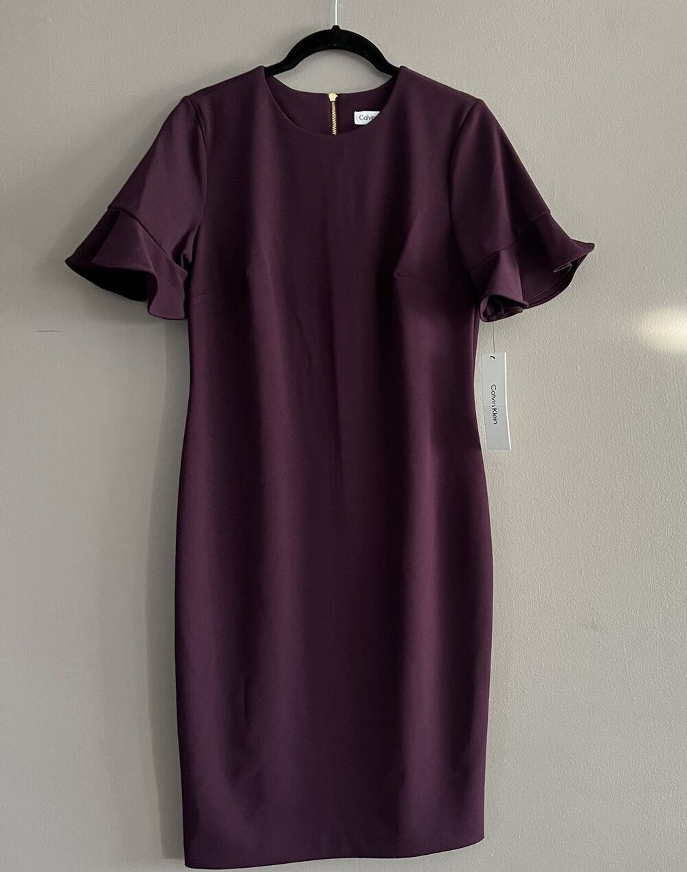 Calvin Klein Scuba Crepe Sheath Dress Short Sleeve Knee Length Boatneck Purple 6